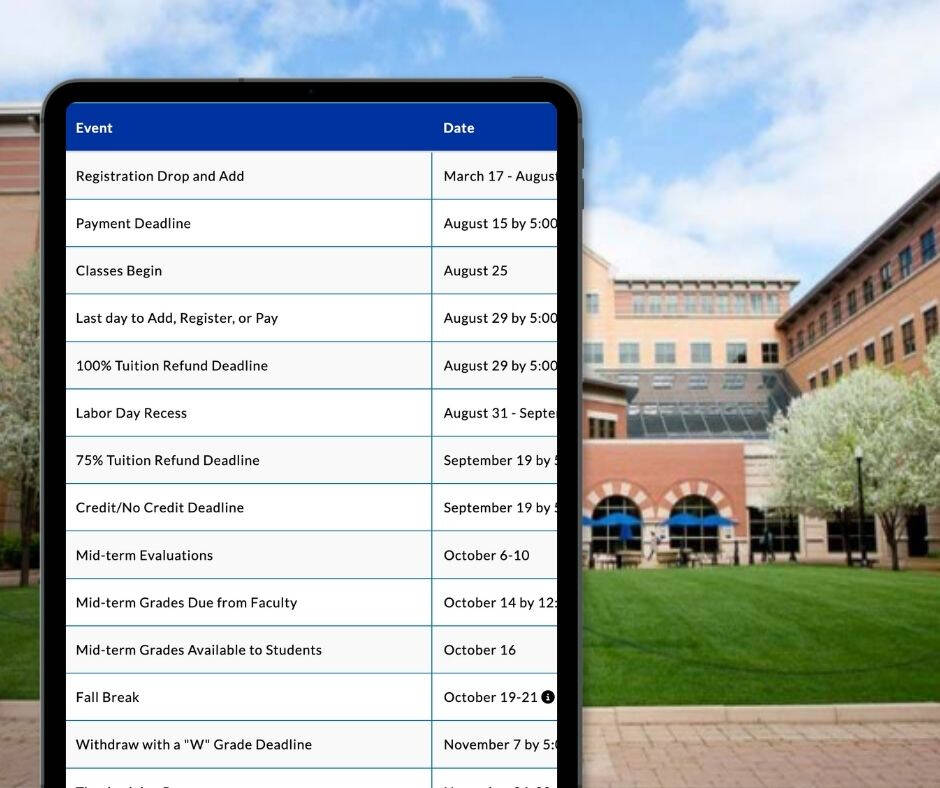 image of academic calendar on a tablet, set in front of picture of downtown campus courtyard
